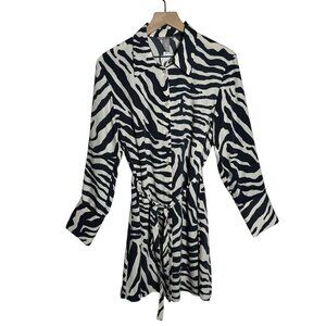 H&M Dress Womens Medium Mini DressBlack Cream Zebra Print Long Sleeve Button Up